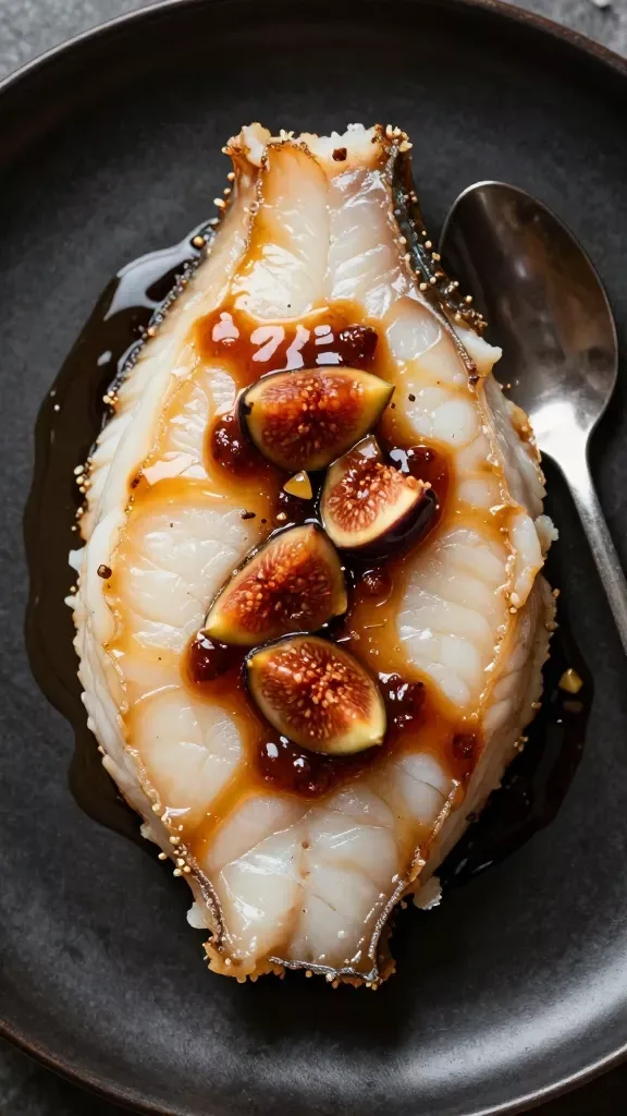 Overhead closeup of a single halibut portion on a dark plate, spooned generously with a rich, syrupy balsamic and fig reduction; sauce pooling slightly around the fish with chopped fig bits; clean plate rim, no herbs, no sides; high-contrast lighting to emphasize the glaze and flaky fish layers