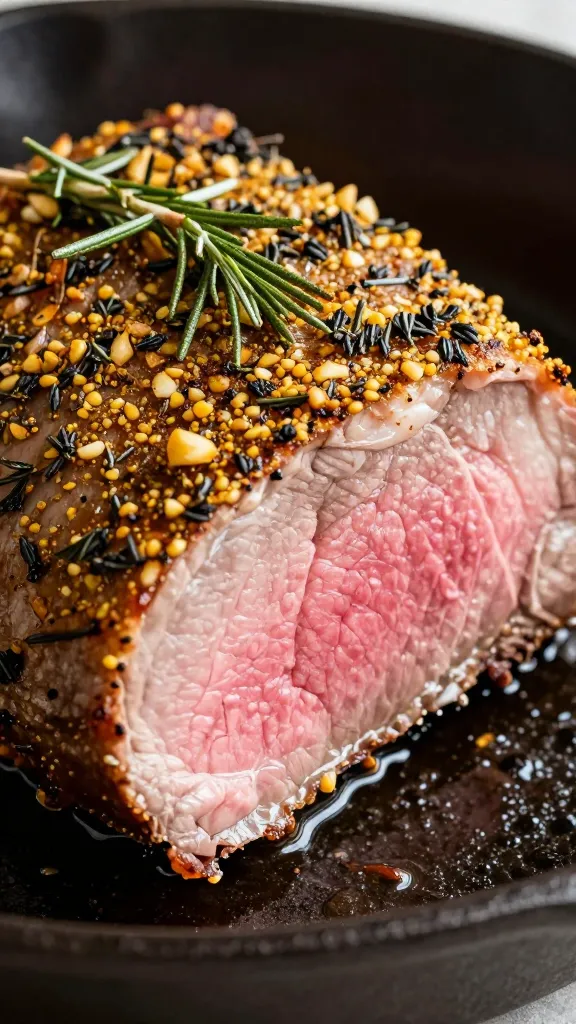 Extreme close-up of a sliced venison loin roast on a dark cast-iron skillet, showing a golden-brown herb crust of chopped rosemary, thyme, minced garlic, and coarse mustard seared onto the exterior; interior is blush-pink and juicy, natural pan juices glistening, neutral background, soft directional light, shallow depth of field, no extra ingredients or garnishes.