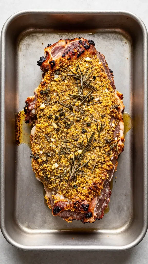 Overhead shot of a whole herb-crusted venison loin just out of the oven in a metal roasting pan, crust visibly speckled with rosemary, thyme, garlic, and mustard forming a crisp, textured layer; edges slightly caramelized, minimal pan drippings pooling around, no sides or garnishes, clean neutral backdrop, high-resolution food photography.