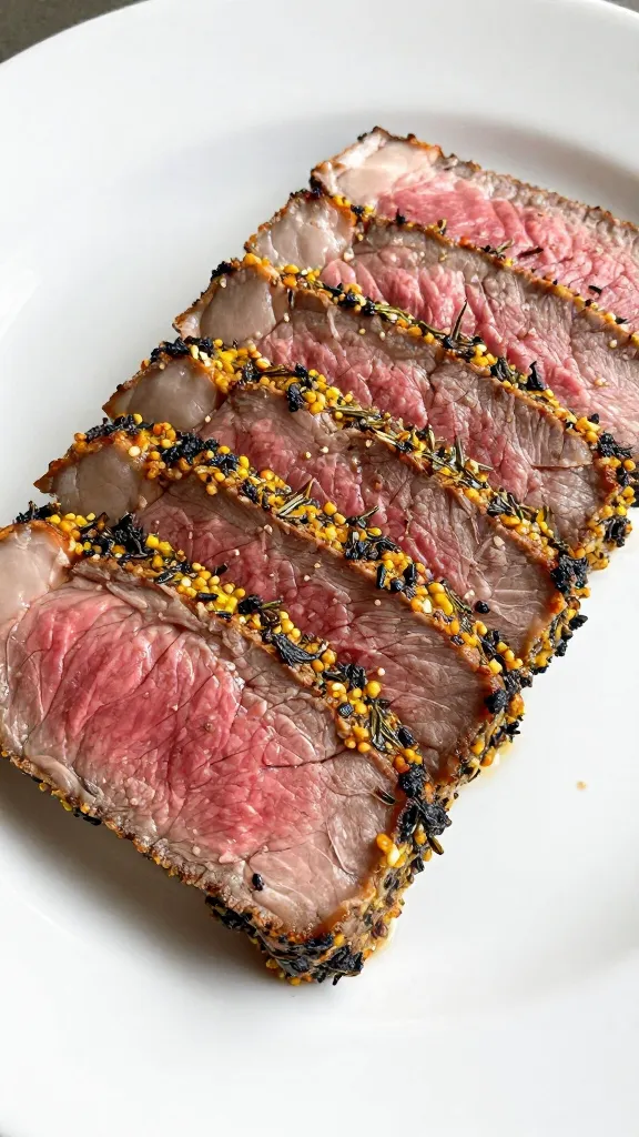 45-degree angle close-up of thick venison slices fanned slightly on a plain white plate, each piece showing a well-seared, crunchy herb-mustard crust with rosemary and thyme flecks and a tender medium-rare pink center; a light sheen of resting juices, no additional foods or decorative elements, natural window light, crisp detail.