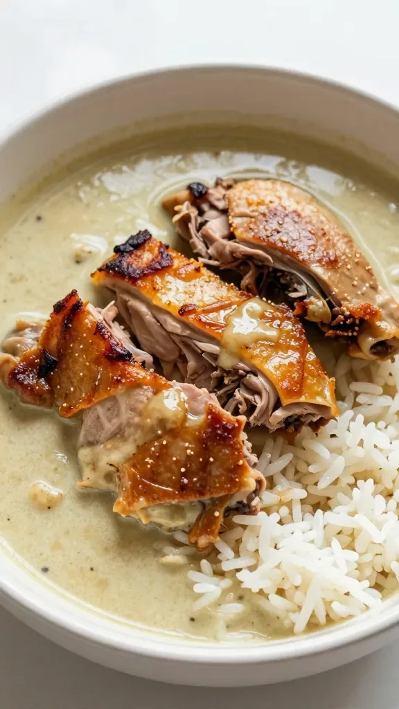 Ultra-closeup overhead shot of a bowl of coconut curry duck: seared duck thigh slices with crisped, mahogany-brown edges nestled in a glossy, creamy coconut curry sauce, served over fluffy white jasmine rice. Visible elements only include duck, coconut curry sauce, and rice—no extra garnishes or vegetables. Soft natural window light, shallow depth of field, high-resolution food photography, clean neutral background.