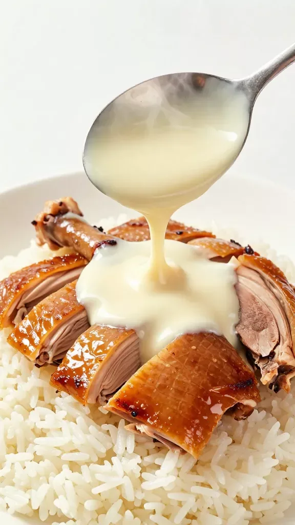 Straight-on, tight crop of a spoon scooping coconut curry sauce over sliced duck thigh resting on a bed of white rice: steam visible, sauce is smooth and creamy with a subtle sheen, duck skin rendered and caramelized. Composition shows only duck, coconut curry sauce, and rice—nothing else. Bright daylight, soft shadows, ultra-detailed texture capture, professional food styling without props.