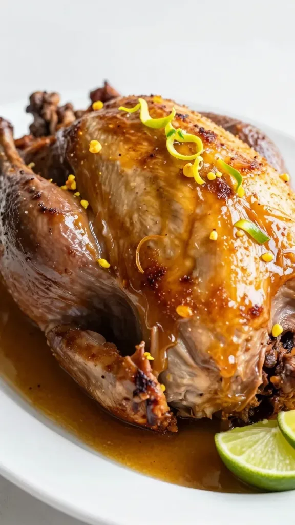 Close-up of carved turkey roast on a white plate, edges perfectly browned, moist interior, lightly spooned with a glossy ginger-lime pan sauce; small curls of lime zest and tiny ginger bits on top; a couple of lime wedges at the edge of the frame; soft side lighting, minimal styling, no other ingredients or sides.