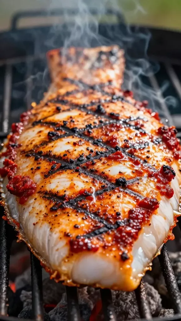 Extreme close-up of a thick halibut fillet on a hot grill, brushed generously with deep red harissa paste, visible charred grill marks and light smoke curling upward, glistening oil on the surface, no garnish or side dishes, shallow depth of field, natural evening outdoor light