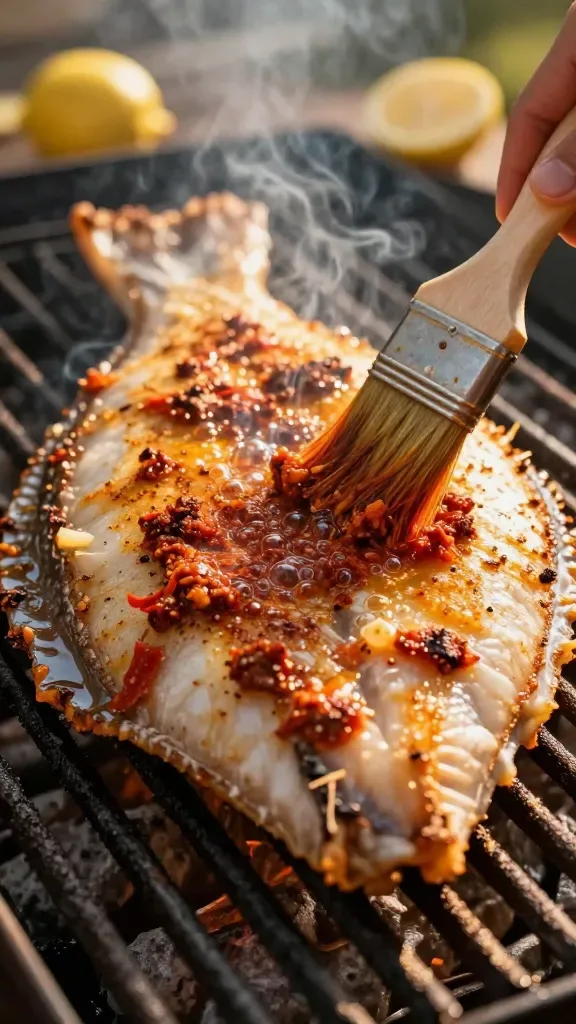 3/4 angle close-up of halibut being basted mid-grill with a brush loaded with thick, textured harissa, sizzling surface with tiny bubbling oil, pronounced grill ridges, faint smoke haze, background blurred, no lemons, herbs, or sides, natural golden-hour light
