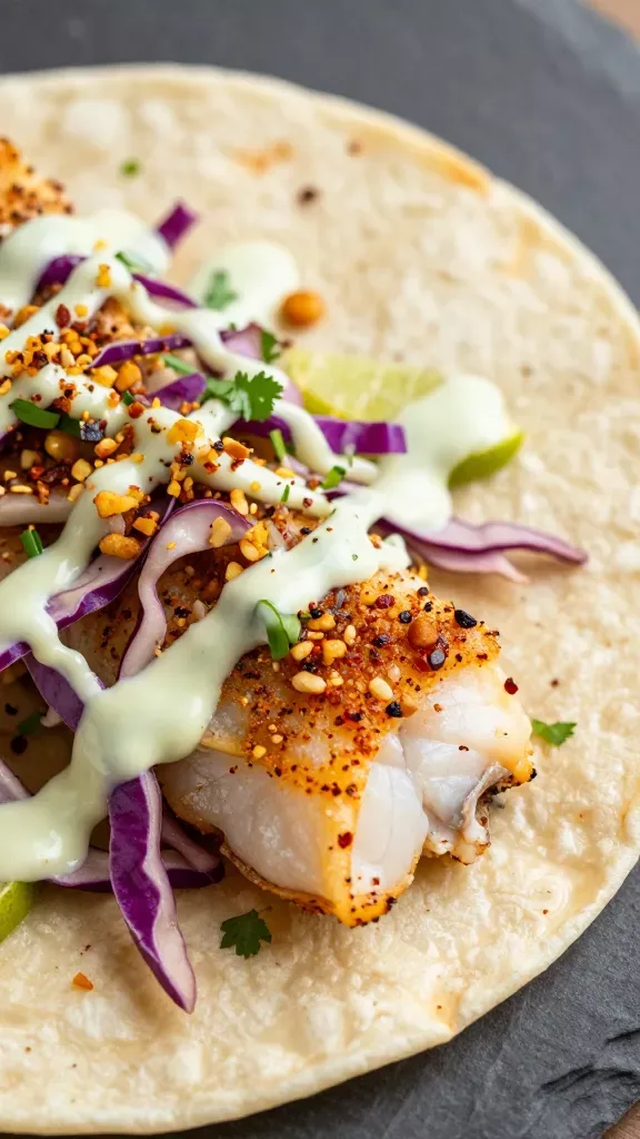 Extreme close-up of a warm flour tortilla filled with flaky pan-seared cod seasoned with visible garlic and red chili flakes, topped with a crunchy green-and-purple cabbage slaw and a creamy lime drizzle, a few flecks of cilantro, shot in natural light on a neutral slate background, shallow depth of field emphasizing the textures, no extra ingredients beyond cod, slaw, tortilla, chili-garlic seasoning, and creamy lime sauce.