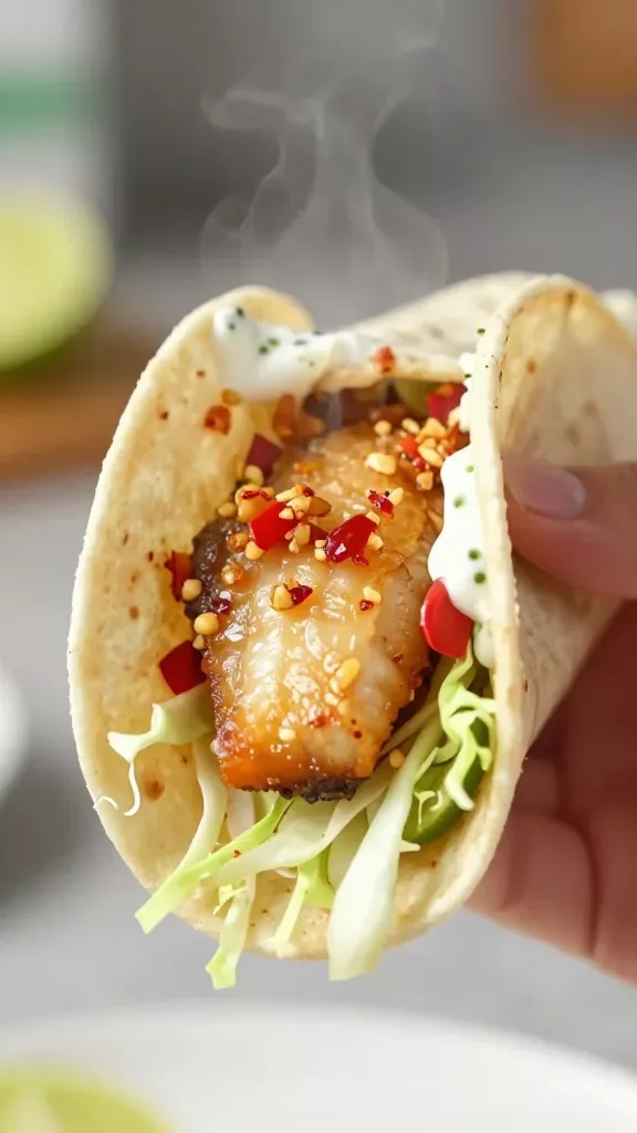 Three-quarter macro shot of a hand holding a half-wrapped tortilla showcasing the interior: glistening flaky cod with red chili specks and minced garlic, crisp cabbage slaw strands peeking out, light crema with tiny lime zest, steam subtly visible, background softly blurred kitchen setting, realistic color tones, no added ingredients beyond cod, chili-garlic, slaw, lime crema, and tortilla.