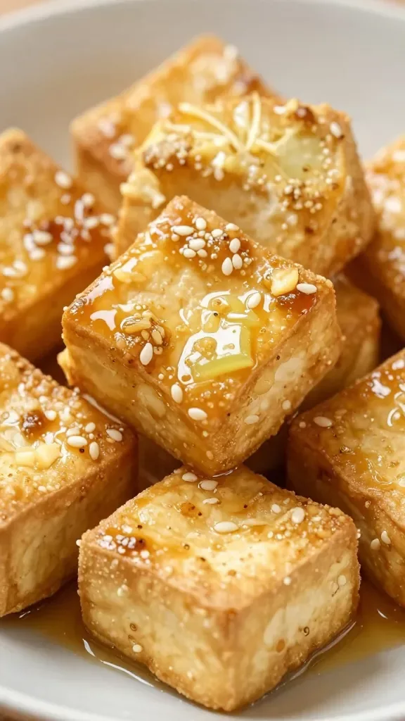 Extreme close-up of golden, crispy tofu cubes glazed with a glossy ginger-lime sauce, tiny flecks of fresh grated ginger visible, micro-beads of lime juice clinging to the surface, light sesame oil sheen, shallow depth of field, bright natural daylight, neutral ceramic plate background, no other ingredients.