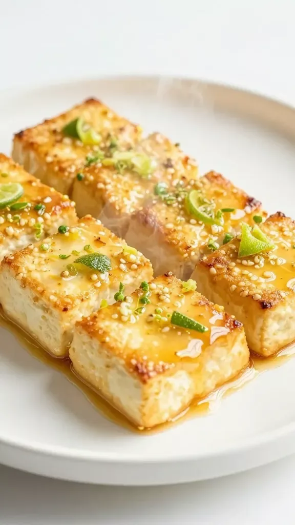 Side-angle close-up of a neat row of seared tofu rectangles on a simple white plate, each piece lacquered with a vibrant ginger-lime glaze, fine lime zest sprinkled directly on the tofu, subtle steam rising, clean minimal background, no vegetables, grains, or additional toppings.