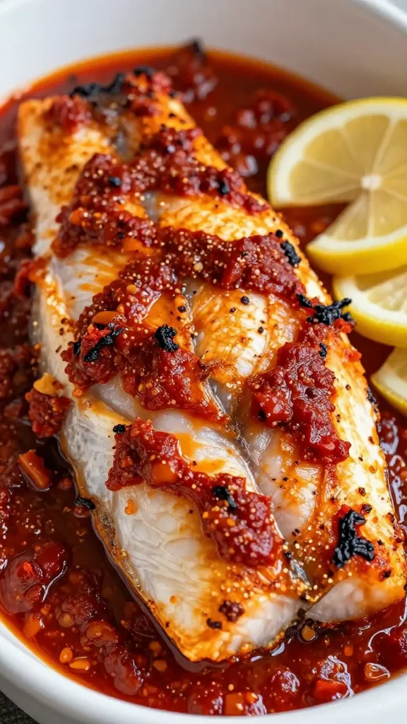 Extreme close-up of roasted cod fillets brushed generously with deep red harissa paste, edges lightly caramelized, sitting in a shallow pool of glossy harissa sauce with visible chili flecks; simple white roasting dish, minimal garnish of thin lemon slices tucked beside the fish, warm oven light, no extra ingredients.