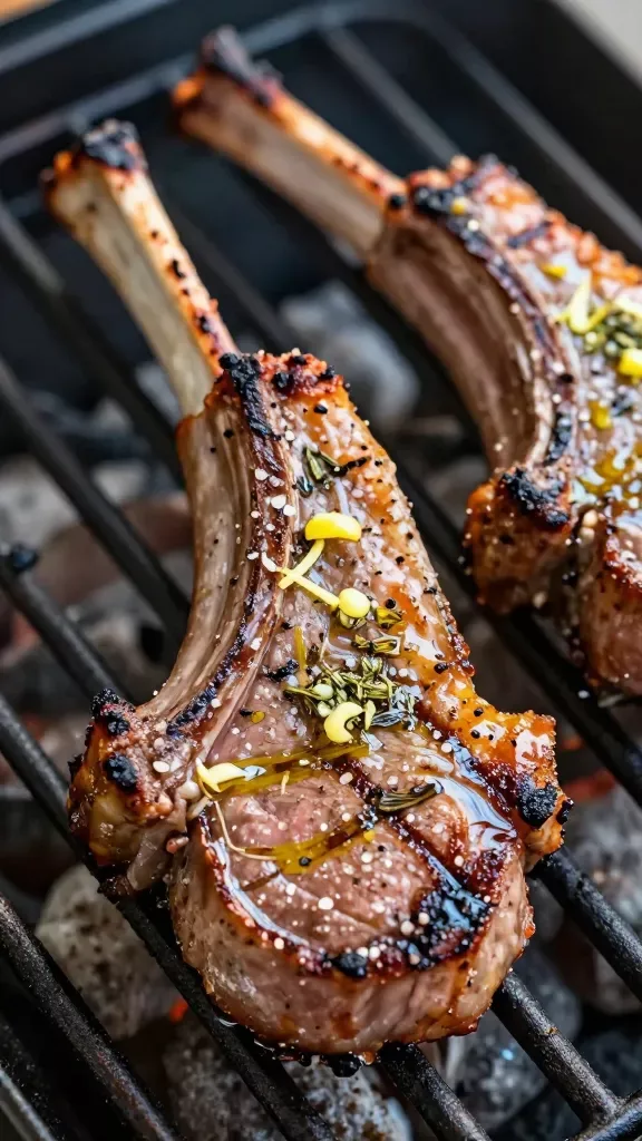 Ultra close-up of Mediterranean grilled lamb chops on a hot grill grate, glistening with olive oil, charred edges, visible coarse salt, cracked black pepper, finely minced garlic, dried oregano, and fresh lemon zest sprinkled on top; a light brush of lemon juice creating a slight sheen; shallow depth of field focusing on the seared crust and tender pink interior, warm natural evening light, no extra sides or garnishes, no text.
