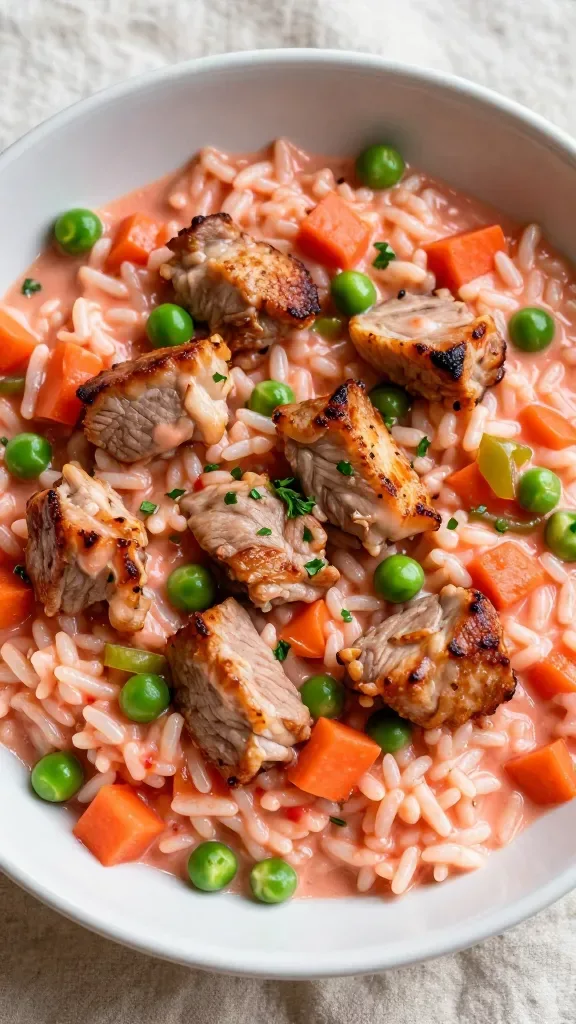 Close-up overhead of a creamy tomato pork veg rice bowl: bite-sized seared pork pieces with golden-brown edges, fluffy white rice coated in a silky pinkish-red tomato cream sauce, tender-crisp diced carrots, green peas, and small green bell pepper pieces evenly mixed; garnished subtly with a few flecks of fresh parsley; soft natural window light, shallow depth of field, ceramic bowl on a neutral linen.