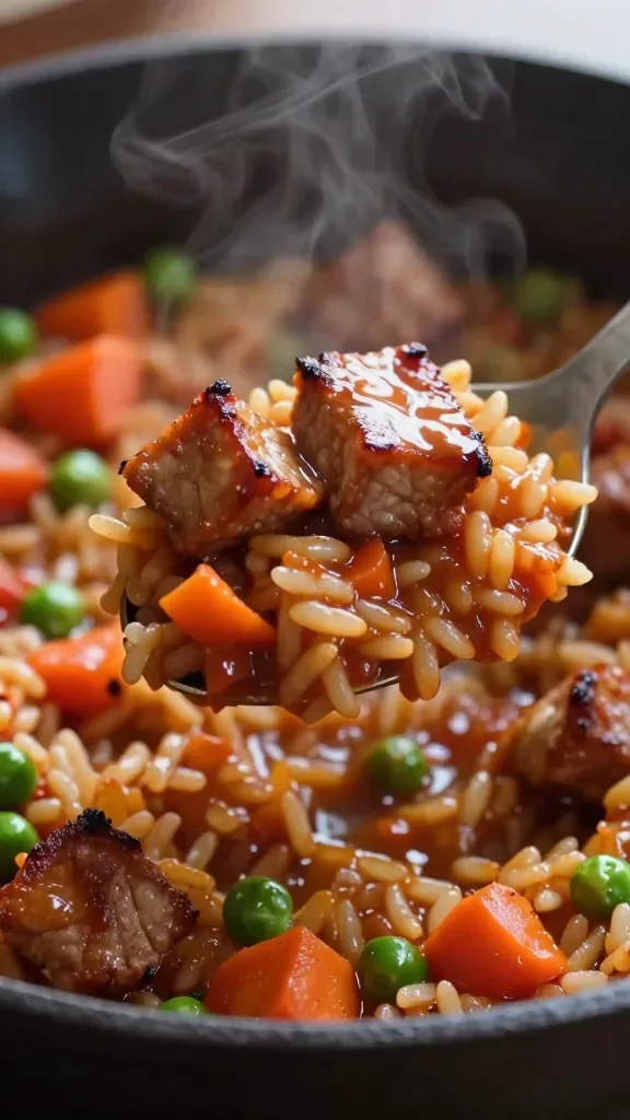 Side angle macro shot of a spoonful lifted from a skillet: juicy seared pork cubes, glossy creamy tomato sauce clinging to individual grains of rice, visible bits of orange carrot, green peas, and tiny green bell pepper; steam gently rising; warm, moody light emphasizing texture; cast-iron pan background slightly blurred.