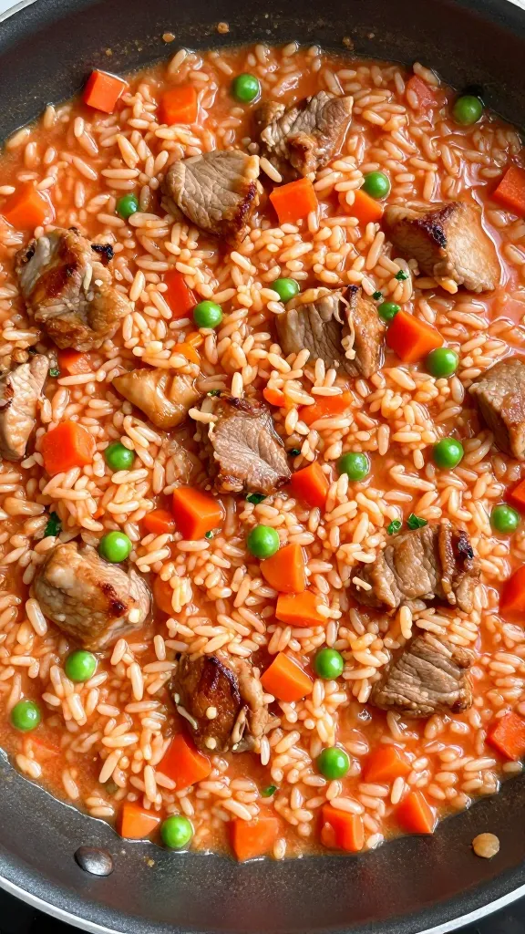 Overhead in-pan scene: one-pan creamy tomato pork veg rice just finished cooking; evenly distributed browned pork pieces, rice tinted coral from tomato cream, small diced carrots and peas throughout, a few specks of parsley; slight sheen of sauce pooling between grains; natural daylight, minimal props, no extra garnishes or ingredients.