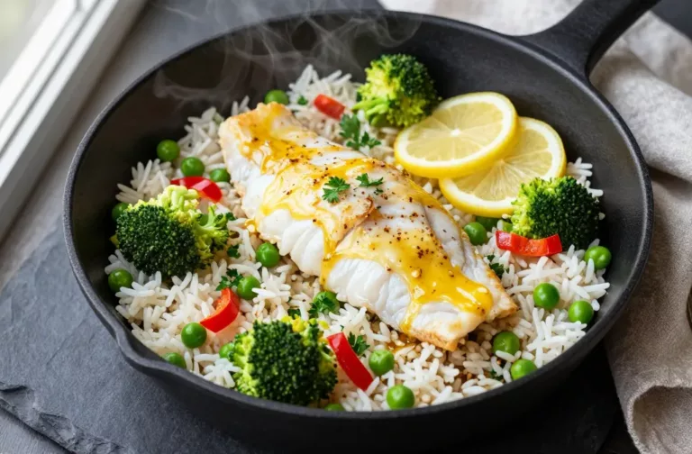 Lemon Garlic Fish Veg Rice One Pan Weeknight Miracle