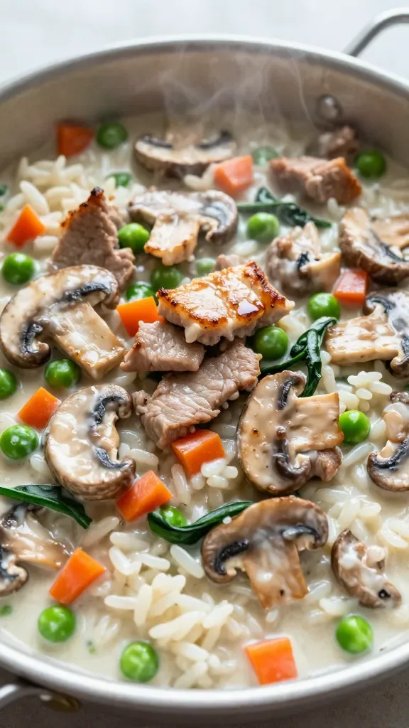 Ultra-closeup overhead of a one-pan creamy mushroom pork veg rice: bite-sized seared pork pieces with light golden edges, sliced cremini mushrooms glistening, fluffy white rice coated in a silky off-white cream sauce, bright green peas and small diced orange carrots scattered throughout, a few wilted spinach ribbons, gentle steam rising, neutral ceramic skillet, soft natural window light, shallow depth of field, no extra garnishes, no text.