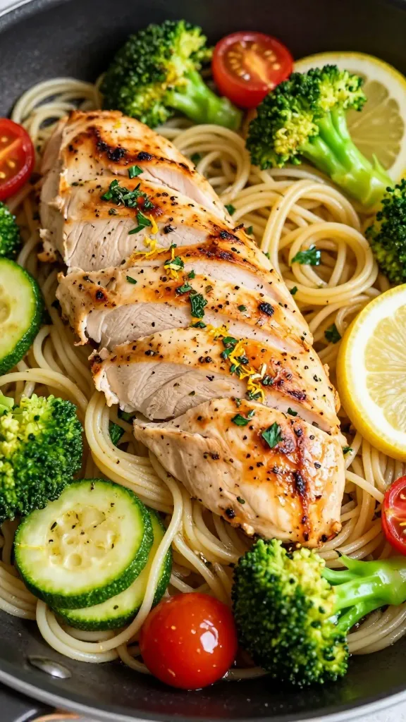 Close-up of a skillet of lemon herb chicken veg pasta: sliced seared chicken breast pieces, al dente spaghetti, bright green broccoli florets, thinly sliced zucchini, cherry tomatoes halved, all lightly coated in a glossy lemon-garlic olive oil sauce with visible minced parsley and thyme; lemon zest sprinkled, a few thin lemon slices tucked in; warm natural light, shallow depth of field, no extra ingredients, no text.