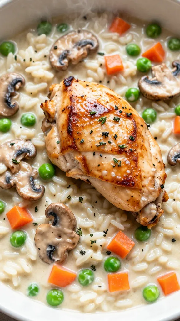 Close-up, top-down view of a one-pan creamy mushroom chicken veg rice dish: seared golden-brown chicken thigh slices nestled in creamy rice studded with sautéed cremini mushroom slices, bright green peas, diced orange carrots, and finely chopped fresh thyme; glossy silky cream-broth sauce clinging to each grain of rice, gentle steam rising, warm neutral background, natural daylight, shallow depth of field, no extra ingredients.