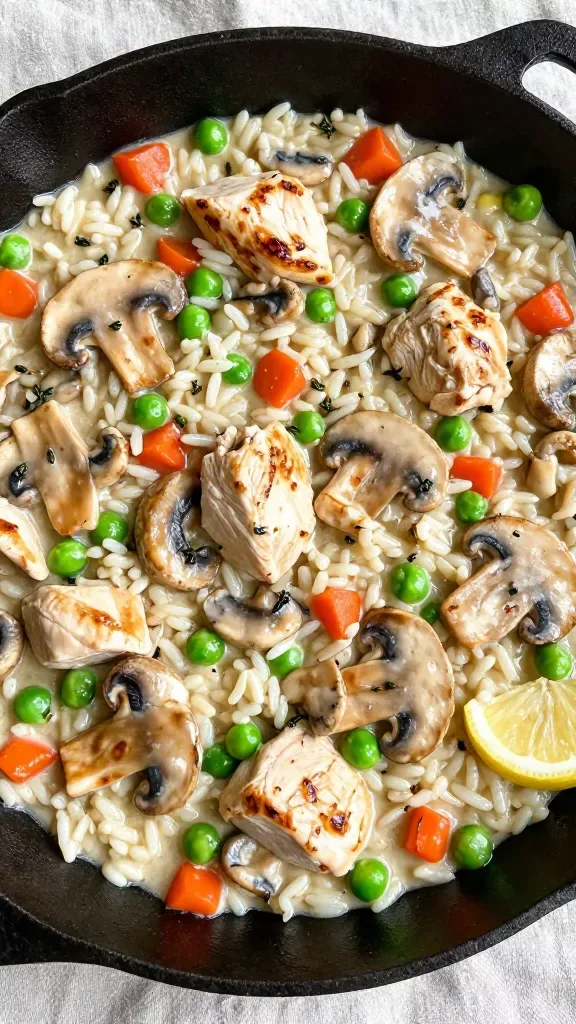 Overhead close-up of a cast-iron skillet filled with creamy mushroom chicken veg rice: evenly distributed bite-sized chicken chunks with light sear marks, sautéed mushroom slices, rice simmered to a creamy consistency, scattered peas and diced carrots, tiny thyme leaves; slight sheen from the sauce, neutral linen underneath, bright natural kitchen light, no lemon, no parsley, no additional ingredients.