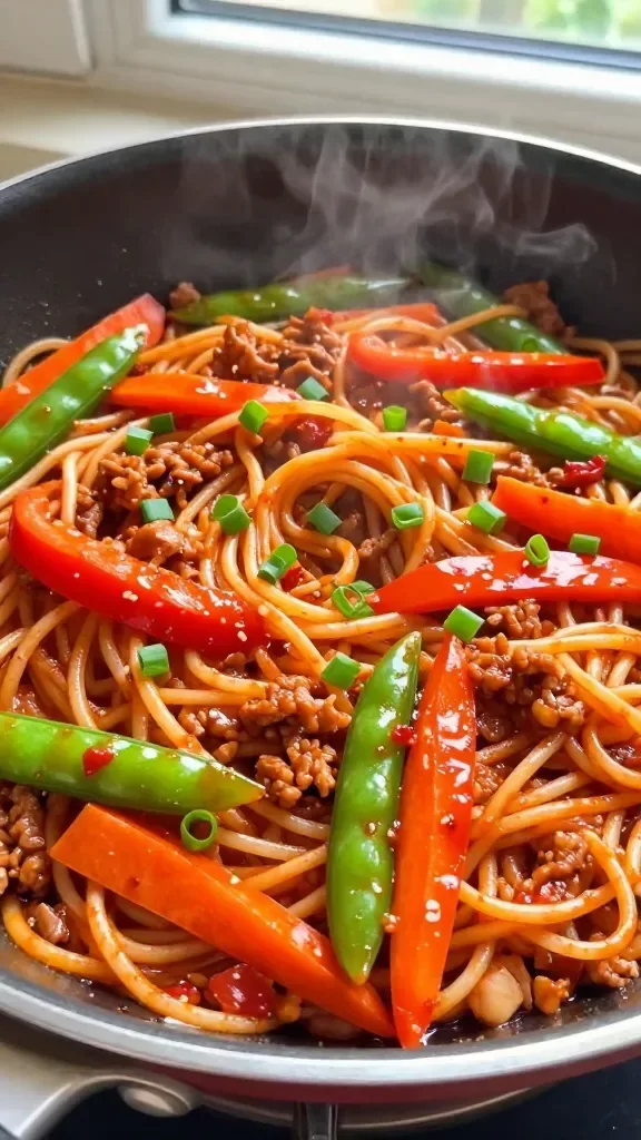 Close-up of a skillet of sweet chili pork veg pasta: glossy spaghetti noodles coated in a bright red-orange sweet chili sauce, crumbled browned pork throughout, thinly sliced red bell pepper strips, green snap peas, and carrot matchsticks, scattered with finely chopped scallions; steam rising, shallow depth of field, warm natural window light, overhead 3/4 angle, no extra garnishes or seeds, no text.