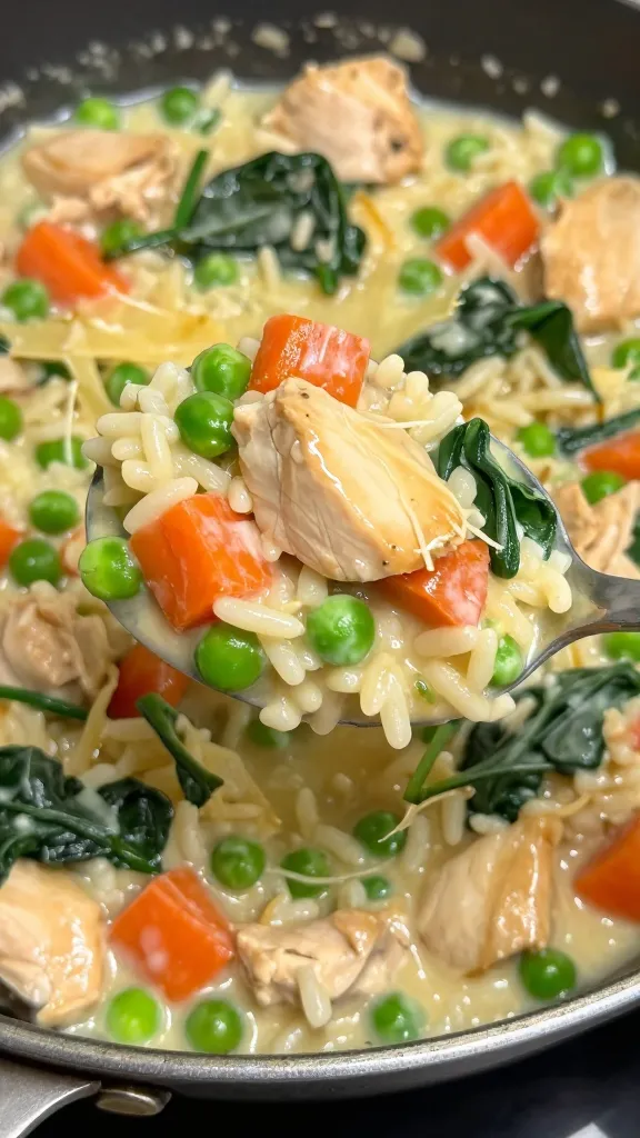 Macro side angle of a spoon scooping the creamy chicken veg rice: visible tender chicken chunks, creamy-coated rice grains, peas, diced carrots, and wilted spinach, with subtle parmesan strands melting into the sauce; background shows the rest of the skillet slightly out of focus; warm, cozy lighting, realistic color, no extra ingredients, no garnish, no text.