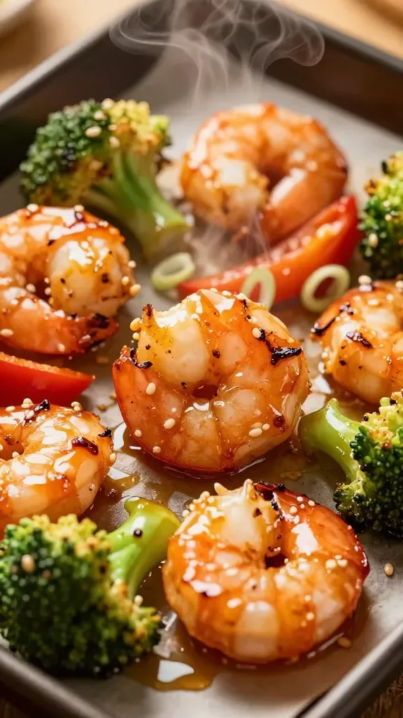 Macro closeup of plump roasted shrimp on a sheet pan, glazed with a glossy honey-soy-garlic sauce, lightly caramelized edges, scattered with roasted broccoli florets and red bell pepper strips, a few sesame seeds and thin scallion slices as garnish, steam rising, warm golden lighting, shallow depth of field, no extra ingredients, no text