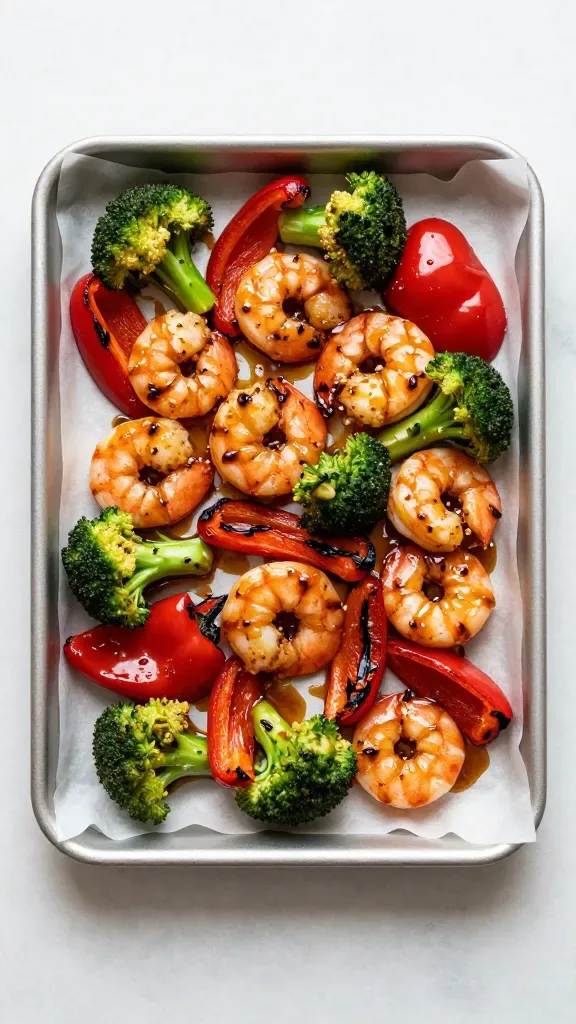 Overhead shot of a parchment-lined sheet pan fresh from the oven: juicy shrimp coated in a sticky honey-soy glaze nestled among roasted broccoli and red bell pepper, visible caramelization and charred tips on the veggies, glistening sauce pooling slightly, clean minimal background, natural kitchen light, no extra ingredients, no text