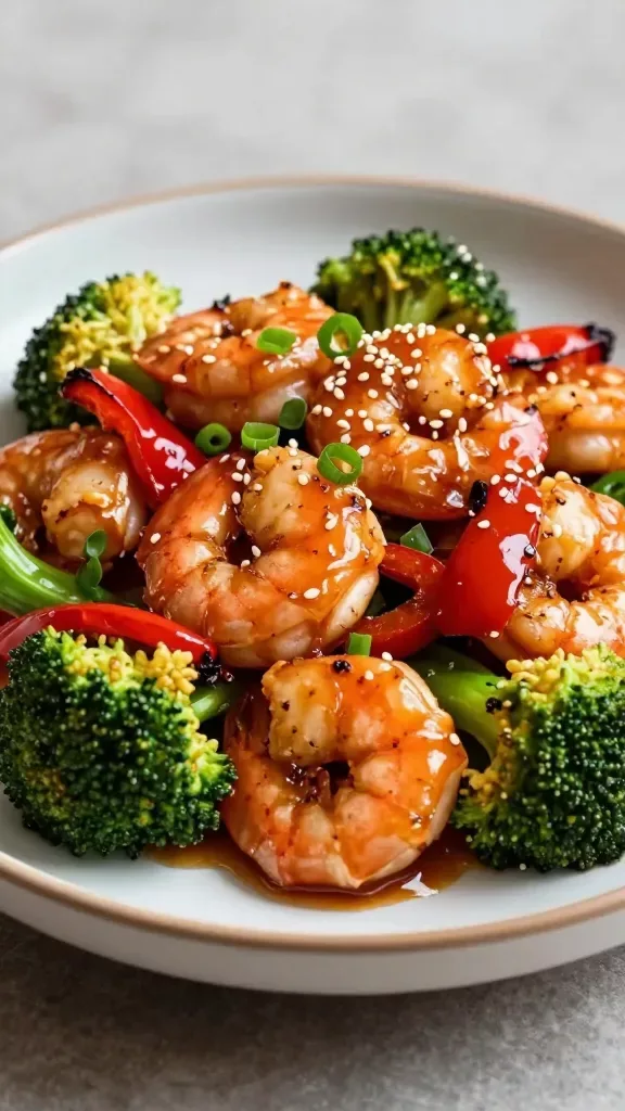 Three-quarter angle closeup of a serving plate piled with honey-soy glazed shrimp, roasted broccoli, and roasted red bell pepper, the sauce brushed on thick with a lacquered sheen, sesame seeds sprinkled sparingly, a few sliced scallions for freshness, soft directional light highlighting texture, neutral backdrop, no extra ingredients, no text