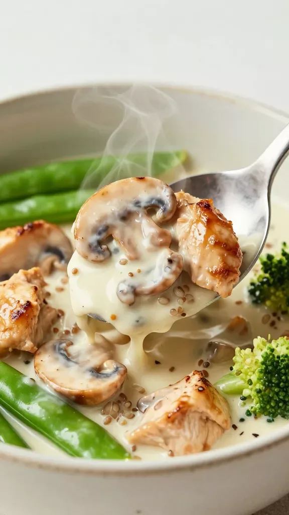 Side-angle macro of a spoon scooping from a creamy mushroom chicken veg bowl: chunks of juicy pan-seared chicken and caramelized mushroom slices slicked with velvety garlicky cream sauce, with visible grains of quinoa beneath, plus bright green snap peas and small broccoli pieces. Steam rising, creamy sheen emphasized, muted ceramic bowl, minimal styling, no herbs or additional toppings.