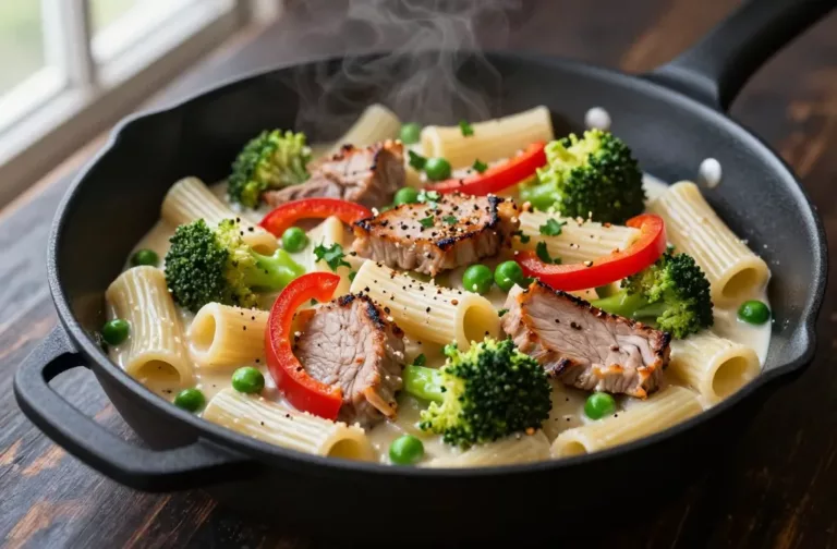 One Skillet Creamy Garlic Pork Veg Pasta Tonight