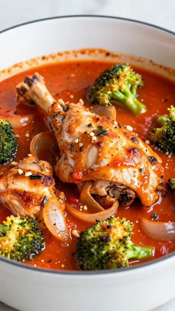 Three-quarter macro shot inside a white enamel casserole: bone-in chicken pieces partially submerged in a rich, velvety tomato-cream sauce with visible streaks of cream, nestled with roasted broccoli florets and sliced onions; slight caramelization on chicken and veg, fine garlic bits and oregano visible, bubbling sauce captured mid-simmer, cozy evening lighting, neutral background, no additional ingredients or garnishes
