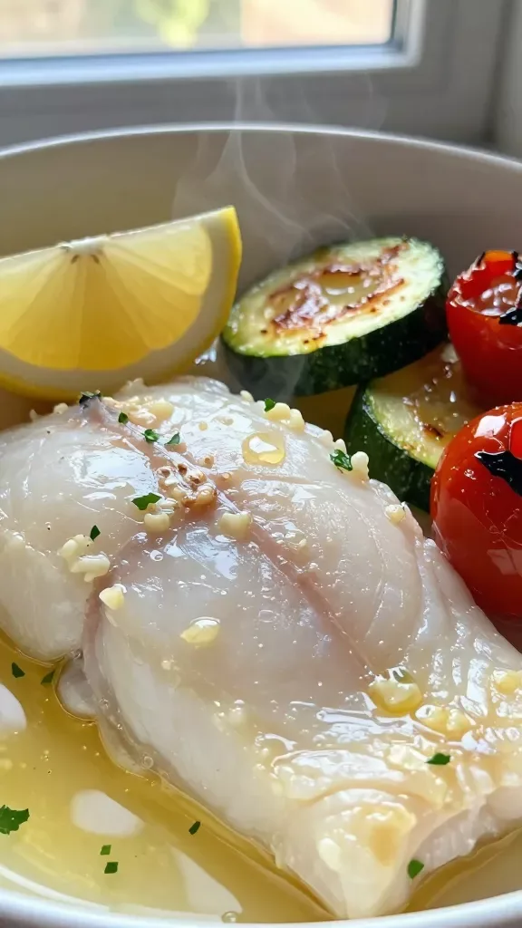 Extreme close-up of a flaky white fish fillet (cod) in a shallow bowl, glistening with melted garlic butter, visible minced garlic and tiny flecks of fresh parsley, lemon wedge squeezed over with a few bright droplets on the fish, alongside caramelized zucchini rounds and blistered cherry tomatoes, light steam rising, warm natural window light, shallow depth of field, no extra ingredients, no text.