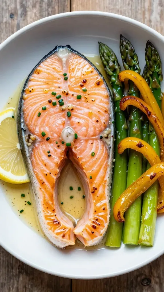 Overhead tight shot of a salmon fillet in a bowl, seared edges and distinct flakes, coated in a glossy lemon-garlic butter sauce with visible browned garlic bits and chopped chives, paired with sautéed asparagus spears and golden-brown caramelized bell pepper strips, a thin lemon slice tucked at the side, neutral ceramic bowl on a rustic wood surface, soft diffused daylight, no extra ingredients, no text.