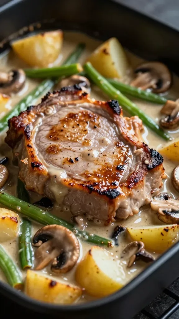 Macro side-angle shot inside the baking dish just after coming out of the oven: juicy pork chops partially submerged in a thick creamy sauce with loads of sautéed mushroom slices and roasted green beans and potato chunks, edges slightly caramelized and bubbling. Focus on texture—golden fond on pork, browned mushroom edges, creamy sauce hugging vegetables—moody light, shallow depth of field, no extra ingredients, no text.