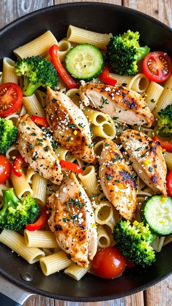 Close-up, overhead shot of a one-pan garlic herb chicken and vegetable pasta: bite-sized golden seared chicken pieces with visible garlic and herb flecks (parsley, thyme), al dente short pasta (rigatoni), tender-crisp mixed vegetables (broccoli florets, cherry tomato halves, thin zucchini half-moons, and red bell pepper strips), glossy light butter-lemon sauce clinging to noodles, sprinkled with finely grated Parmesan and lemon zest, in a large black skillet on a rustic wooden surface, soft natural window light, no text, no extra ingredients.