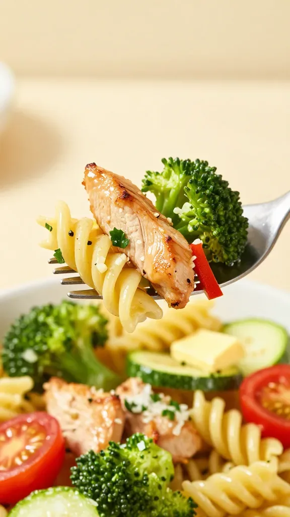 Macro side angle of twirlable pasta with garlic herb chicken and veggies: fork lifting a small twirl of rotini coated in a light lemon-butter sauce, with a juicy seared chicken chunk, a broccoli floret, a cherry tomato half, and a thin zucchini slice, visible minced garlic and chopped fresh parsley on surfaces, light Parmesan melt, shallow depth of field, warm daylight, clean neutral background, no additional ingredients beyond chicken, pasta, broccoli, cherry tomatoes, zucchini, red bell pepper, Parmesan, lemon, herbs, butter.