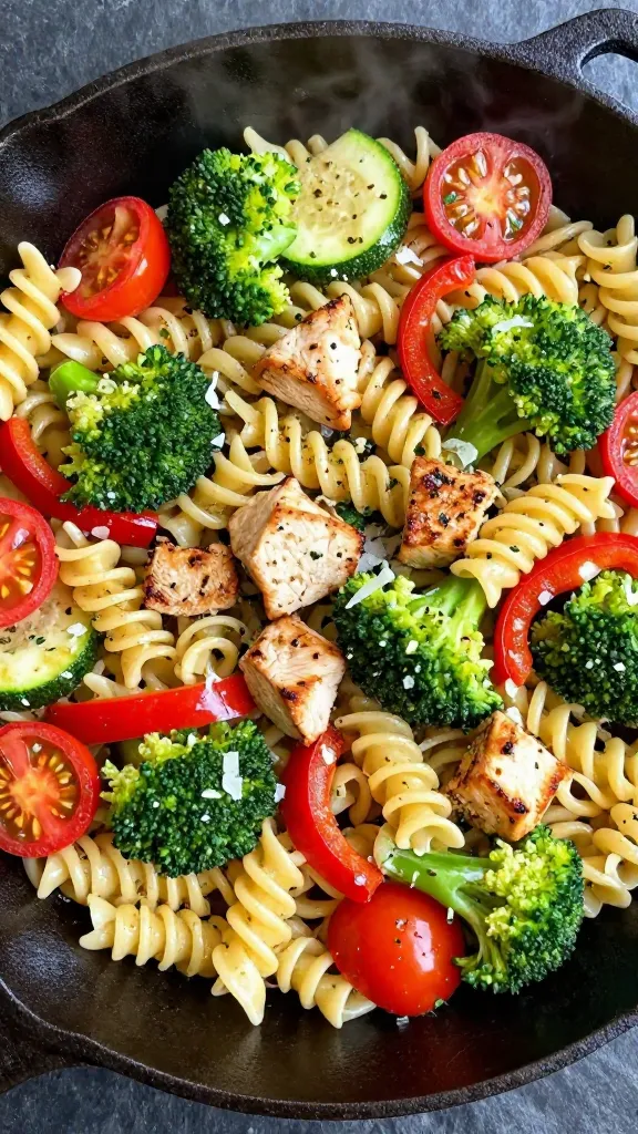 Top-down skillet scene focusing on texture and color: fusilli pasta tossed with evenly distributed seared chicken cubes, bright green broccoli, red bell pepper strips, cherry tomato halves softened but intact, and thin zucchini half-moons, all glistening with a light buttery garlic-lemon herb sauce; fine shavings of Parmesan and specks of black pepper and parsley throughout; cast-iron skillet, subtle steam, slate countertop, natural diffuse light, no text, no extra ingredients.