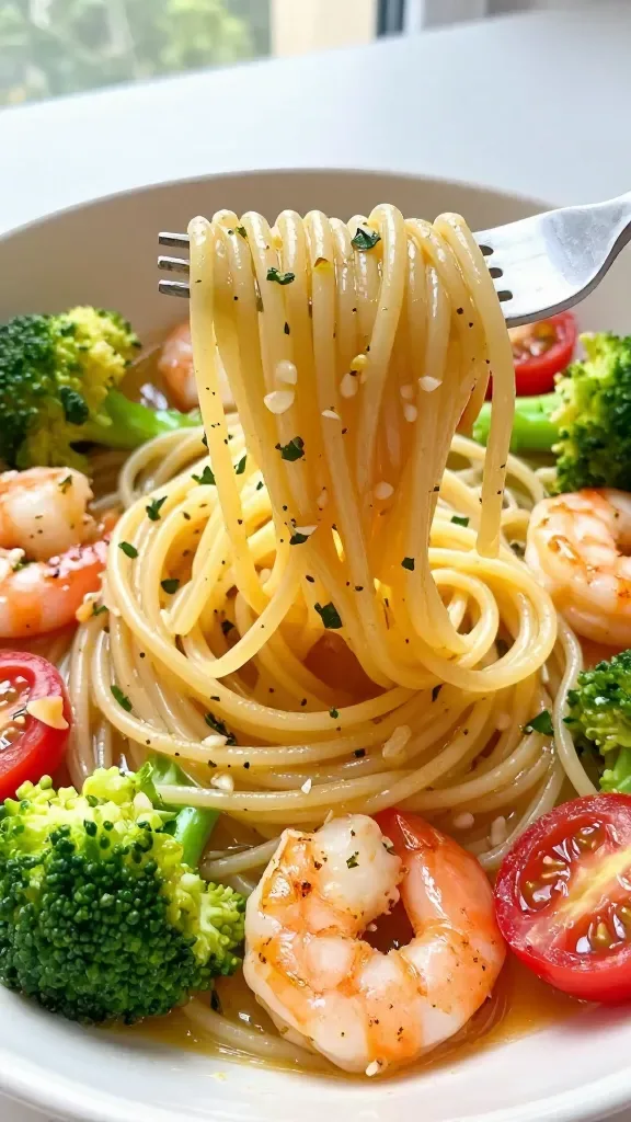 Close-up of al dente linguine pasta twirled on a fork and nestled in a shallow white skillet, glistening in a glossy garlic butter sauce with visible minced garlic and flecks of parsley, topped with plump sautéed shrimp (pink, lightly seared) and bright crisp-tender broccoli florets and halved cherry tomatoes, finished with a light sheen of melted butter and a whisper of lemon zest, natural window light, shallow depth of field, no text.