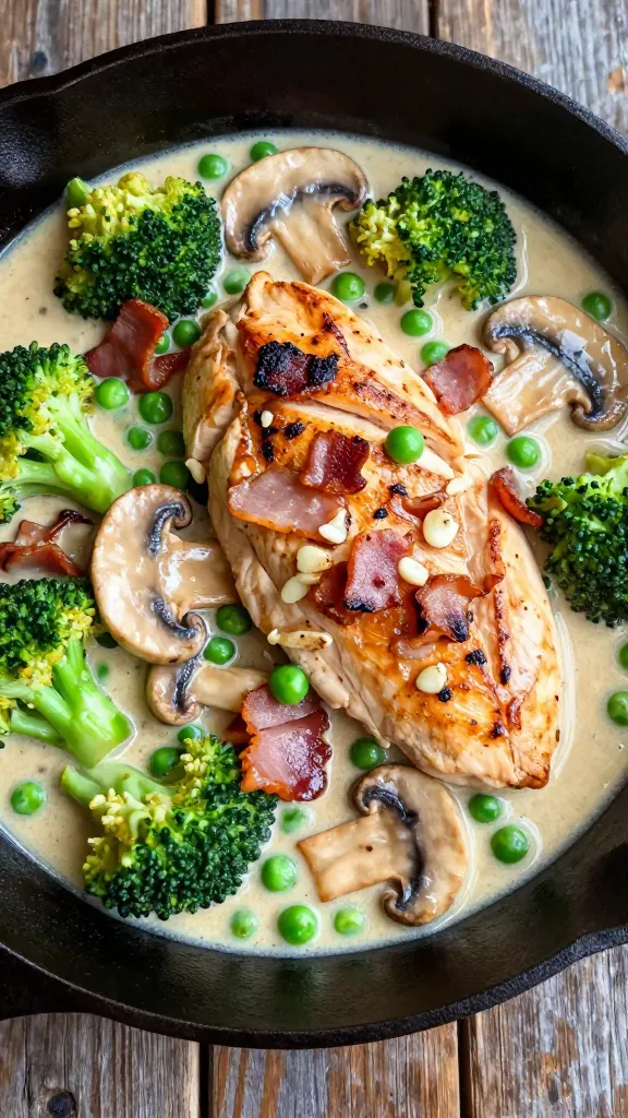 A close-up, overhead shot of a creamy chicken bacon vegetable skillet: golden seared chicken breast slices nestled in a silky pale cream sauce with visible sautéed garlic; crisp crumbled bacon scattered on top; tender bright-green broccoli florets, glossy sliced mushrooms, and a few sweet green peas mixed through; finished with a light sheen of chicken stock reduction; cooked in a well-seasoned cast-iron skillet on a dark rustic wooden surface, natural daylight from the side, no extra garnishes.