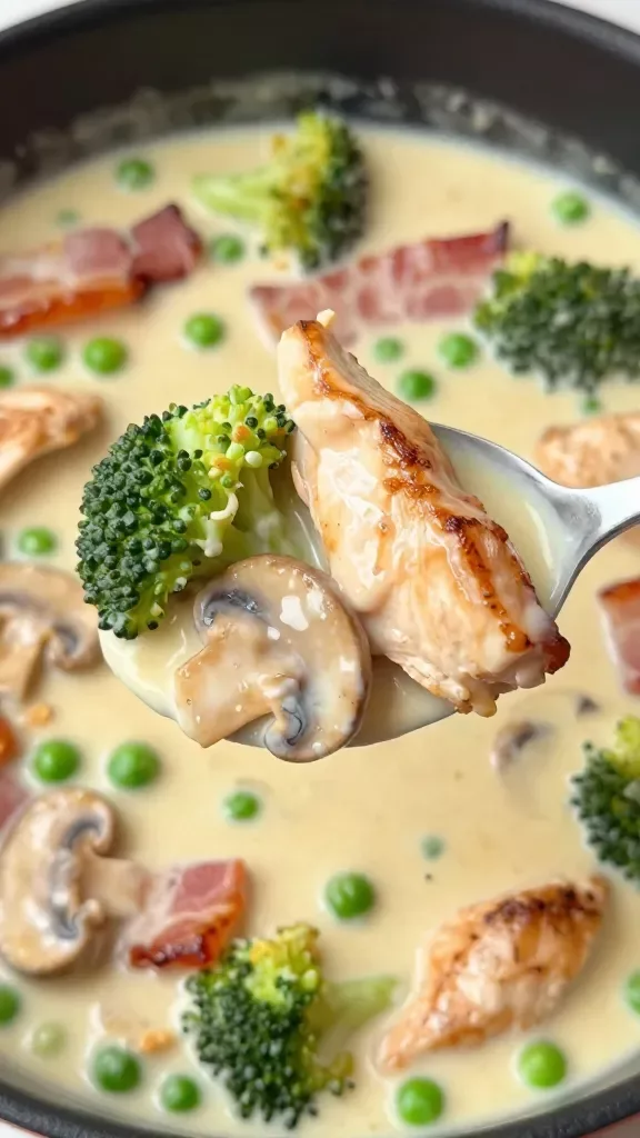 Macro side-angle of a spoon lifting a bite from a creamy chicken bacon veg skillet: juicy seared chicken piece coated in smooth cream sauce, a shard of crispy bacon, a small broccoli floret, and a mushroom slice clinging together; background shows the skillet with more chicken, bacon, broccoli, peas, and mushrooms in the same creamy sauce; warm, soft lighting, shallow depth of field, no additional ingredients or text.