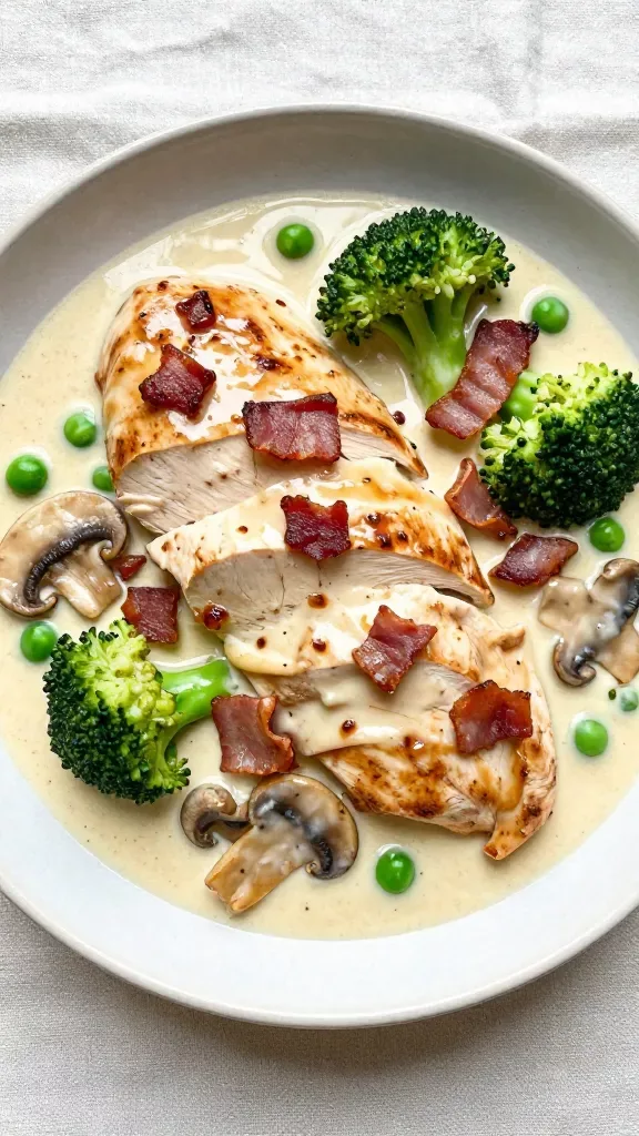 Overhead plated close-up of a serving from the creamy chicken bacon veggie skillet on a neutral ceramic plate: thick slices of browned chicken breast in a glossy garlicky cream sauce, scattered crisp bacon bits, tender broccoli florets, sautéed mushroom slices, and a few peas; slight pooling of sauce around edges; minimal styling on a light linen, natural window light, no herbs, no lemon, no extra elements.