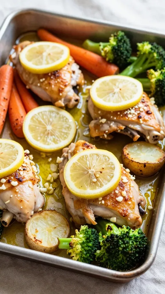 Close-up overhead of a sheet pan lemon garlic chicken veg bake: bone-in, skin-on chicken thighs with golden, crispy skin, glistening with olive oil, scattered thin lemon slices and minced garlic, roasted carrots and halved baby potatoes with caramelized edges, and bright green broccoli florets lightly charred at the tips. Natural kitchen window light, shallow depth of field, no extra garnishes, no sauces, rustic baking tray on a neutral linen.