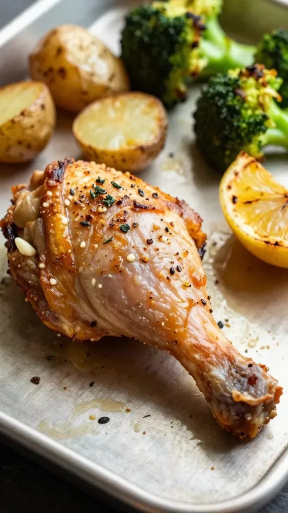 Macro side angle of a single roasted chicken thigh on the sheet pan: ultra-crispy skin with visible cracked pepper, garlic bits, and tiny thyme leaves, a wedge of roasted lemon beside it, with tender roasted baby potatoes and charred broccoli florets in the background blur. Warm, soft lighting, high detail texture on skin and vegetables, no added toppings, no additional ingredients.