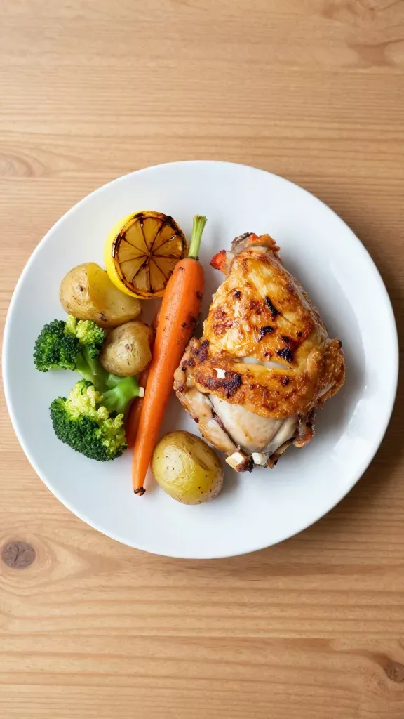 Overhead plated serving from the same bake: one golden, crispy-skinned chicken thigh, a few roasted baby potatoes, roasted carrot batons, and broccoli florets, with a squeezed roasted lemon wedge leaving a light sheen on the chicken. Clean white plate on a simple wooden table, natural daylight, minimal styling, no herbs beyond what’s baked on, no extra sauces or sides.