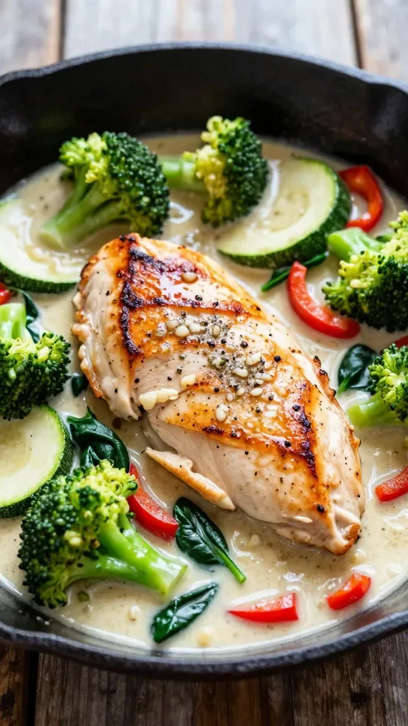 Ultra-closeup, overhead skillet shot of creamy garlic chicken and vegetables: golden-brown seared chicken breast slices nestled in a silky, off-white garlic cream sauce with visible minced garlic and black pepper, crisp-tender bright green broccoli florets, thin half-moons of zucchini, red bell pepper strips, and wilted glossy spinach. Soft natural window light, shallow depth of field, cast-iron skillet on a dark rustic wood surface, no garnish beyond cracked pepper and a faint sheen of sauce clinging to chicken and veg, no extra ingredients.