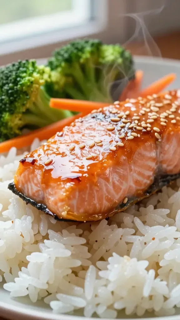 Extreme close-up of a glossy sweet soy–glazed salmon fillet atop a tidy mound of steamed white rice, surrounded by crisp-tender broccoli florets and thin carrot ribbons, light sesame sheen on the glaze, subtle steam rising, natural window light, shallow depth of field, no extra garnishes, no text.