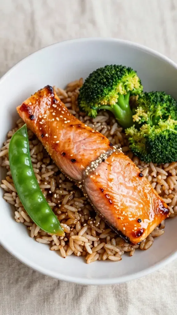 Overhead macro shot of a bowl with perfectly flaky sweet soy–lacquered salmon resting on warm brown rice, with snap peas and broccoli only, slight caramelized edges on the glaze, a few visible sesame seeds in the sauce, clean ceramic bowl on a neutral linen, soft diffused daylight, no additional ingredients, no text.