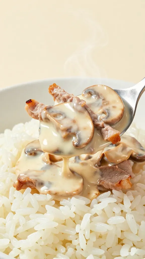 Macro side angle of tender pork slices and mushrooms coated in a silky cream sauce spooned over fluffy white rice: visible separation of grains, sheen on the sauce, light browning on pork edges, sautéed cremini mushroom slices, subtle steam rising, neutral plate, no herbs or extra toppings, clean studio lighting, shallow depth of field