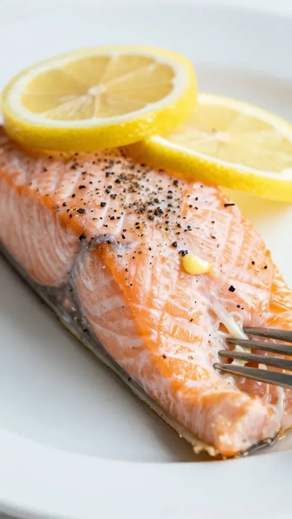 Extreme close-up of a perfectly baked salmon fillet on a simple white plate, seasoned with visible cracked black pepper and glistening melted butter, topped with thin lemon slices and a light brush of garlic butter; flaky, moist texture pulling apart slightly with a fork beside it; soft natural daylight, shallow depth of field, no extra herbs or sides, clean minimal background.