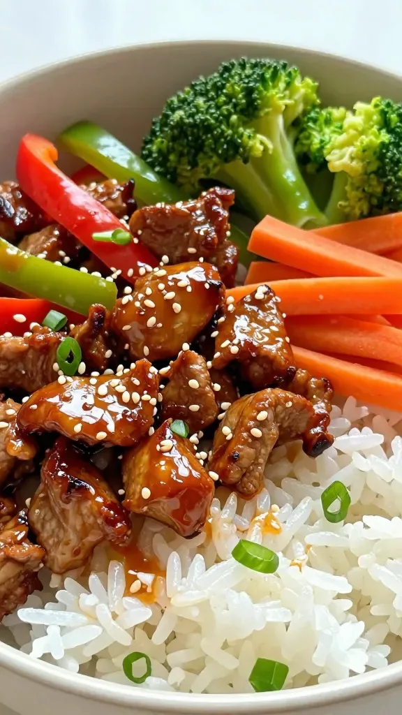 Extreme close-up of a Sweet Chili Pork Veg Bowl: glossy sweet chili–glazed ground pork crumbles caramelized with browned edges, crisp-tender bell pepper strips (red and green), bright broccoli florets, and thin carrot matchsticks, all piled over fluffy white rice in a shallow ceramic bowl; light sesame sheen, scattered scallion slices; soft natural window light, shallow depth of field, overhead three-quarter angle, no extra garnishes or sauces.